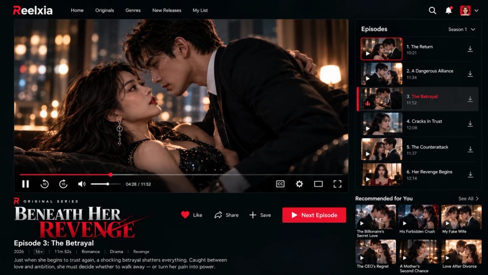 Netflix clone web video player with an episodes list and recommended titles