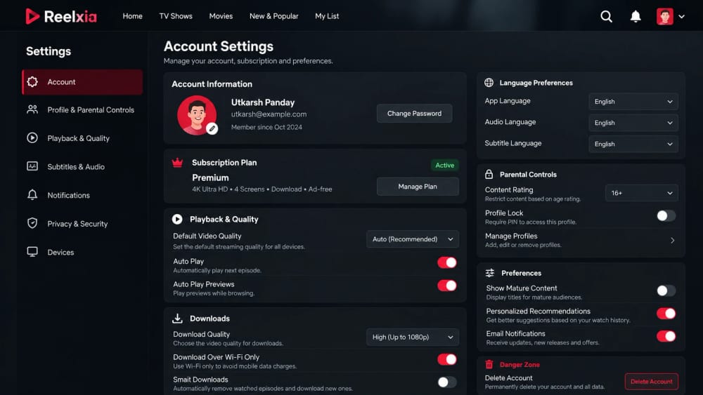 Netflix clone account settings with subscription plan, playback quality and parental controls